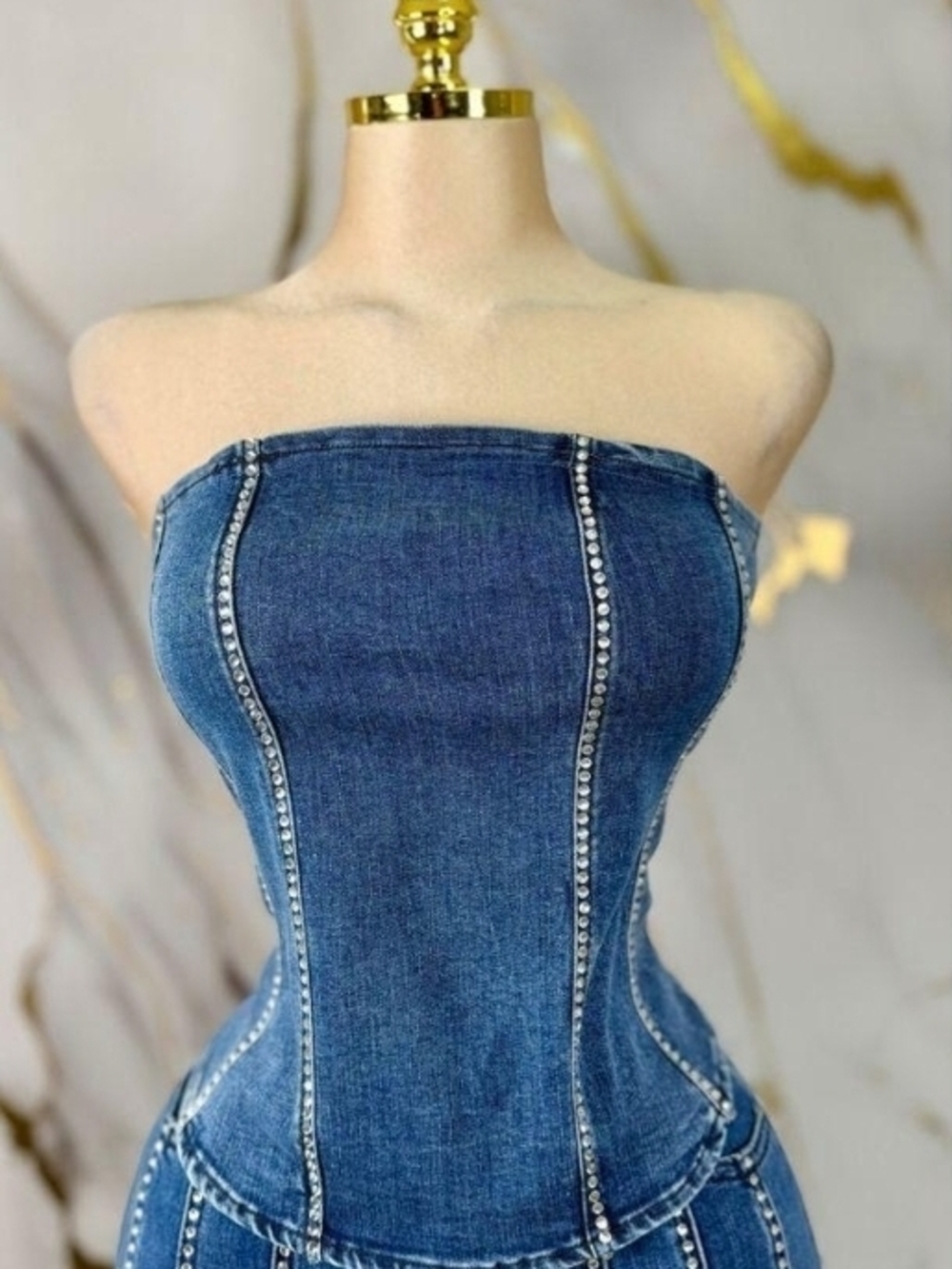 Rhinestone-Trim Strapless Denim Corset Top